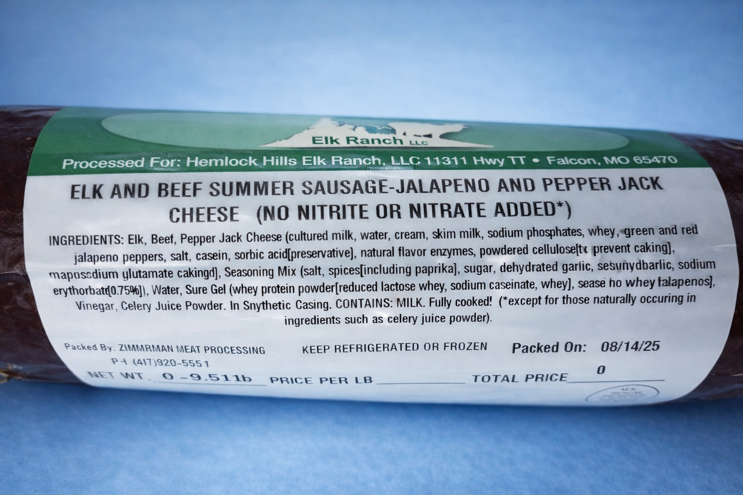 Elk No Nitrate Summer Sausage with Jalapeno and Pepper Jack Cheese